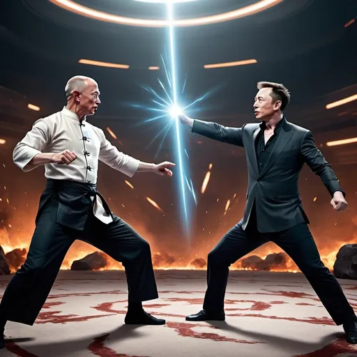 Prompt: Kung fu battle between Jeff Bezos and Elon Musk, digital art, intense action, high energy, dramatic lighting, dynamic poses, detailed facial expressions, billionaire showdown, futuristic technology, high quality, ultra-detailed, digital art, action, intense lighting, dramatic poses, futuristic technology