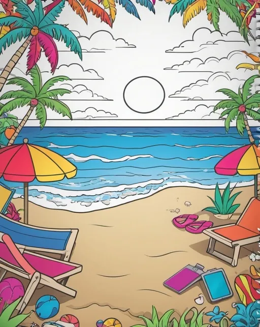 Prompt: Create a coloring book cover in vibrant colors.  The theme of this coloring book is "Beach Vacations". 
