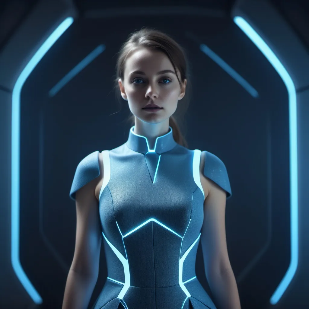 Prompt: "A woman wearing a high-tech AI dress with a calm blue glowing texture, minimalistic sci-fi background, cinematic lighting, ultra-HD"
