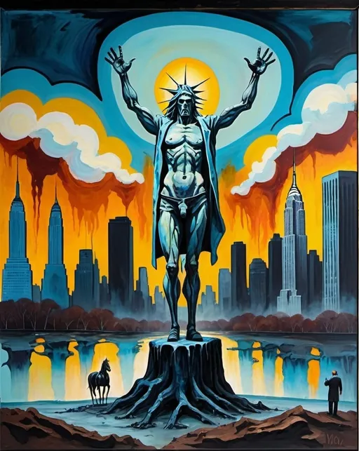 Prompt: A expressionist painting with cold colors depicting the raise of a new god by a dirty business man. The background is New York city melted with a primitive landscape with the four horsemen in the sky