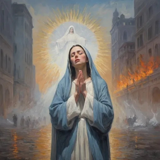 Prompt: A Monet style painting depicting the virgin Mary and the holy spirit suffering and crying standing out  The background that is a contemporary city in a expressionist painting style of the apocalypse 