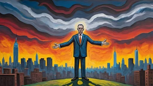 Prompt: A expressionist painting depicting the raise of a new god by a dirty business man. The background is New York city melted with a primitive landscape