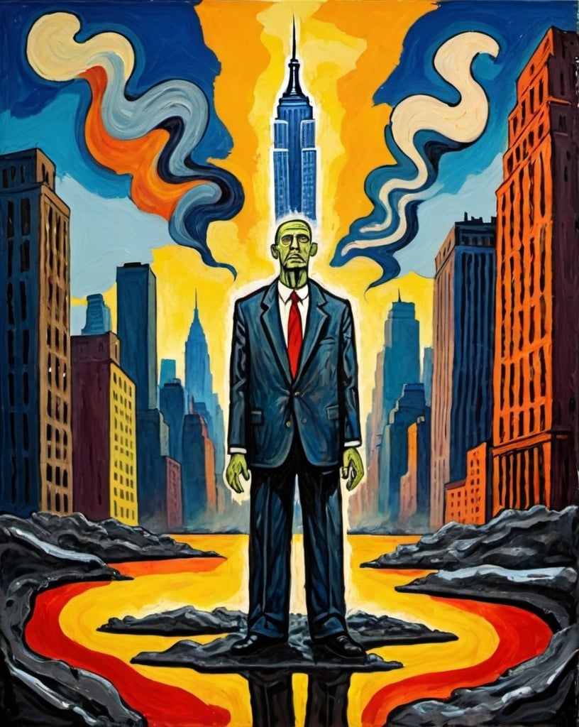 Prompt: A expressionist painting depicting the raise of a new god by a dirty business man. The background is New York city melted with a primitive landscape