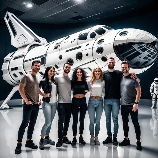 Prompt: small group of close friends in front of a cool spaceship