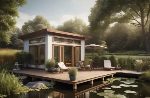 Prompt: a small guesthouse with a deck and a pond, photorealism, realistic materials and real natural lighting, real-estate photography