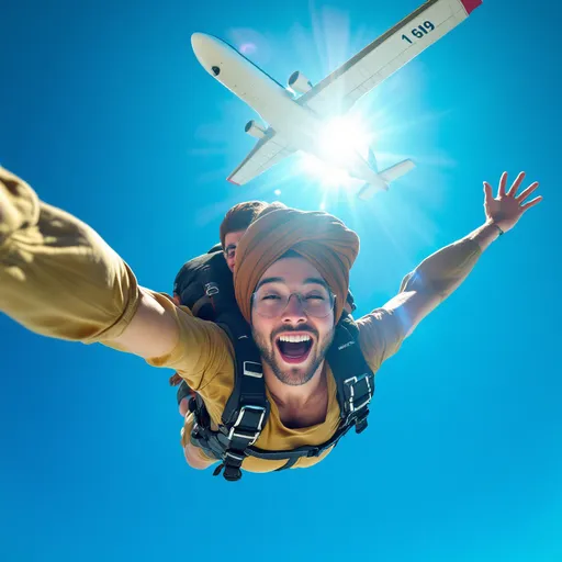 Prompt: Soaring through a bright blue sky, two individuals are captured mid-air, seemingly in the exhilarating act of skydiving from a small airplane that looms above them. One person, secured in a harness, clings tightly to the other, both of whom exhibit expressions of excitement and adrenaline as they plunge downward with arms spread wide. The sunlight creates a radiant glare, illuminating the scene and casting a sense of thrill and adventure. Below them, the vast expanse of the sky accentuates the daring nature of this moment, capturing the essence of freedom and exhilaration experienced during a leap from a great height. The composition expertly highlights the dynamic relationship between the figures and their airborne surroundings, embodying the ultimate rush of a skydiving experience Make A Ghibli Style Photo Of This Prompt the person has a brown turban