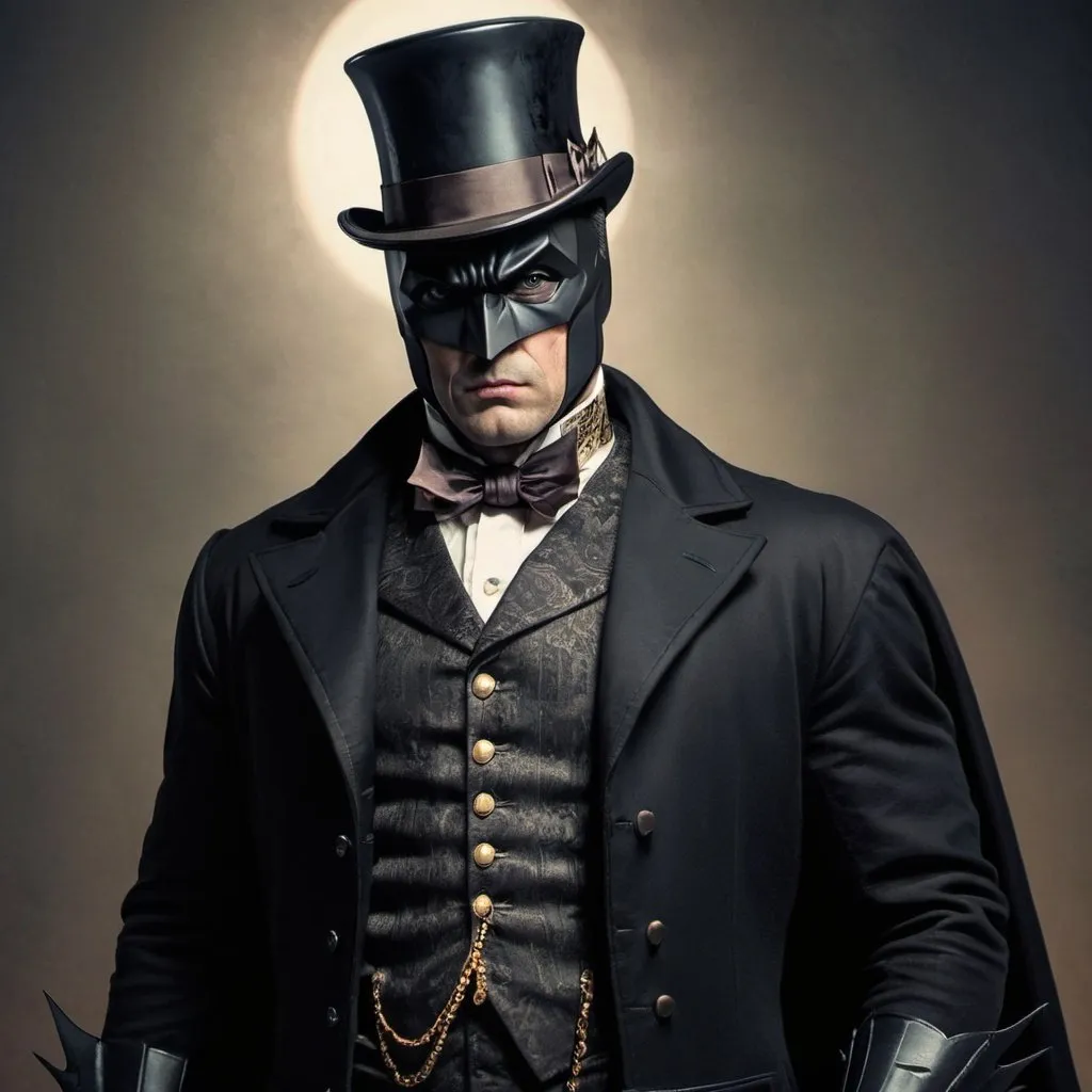 Prompt: Batman wearing Victorian suit with tophat