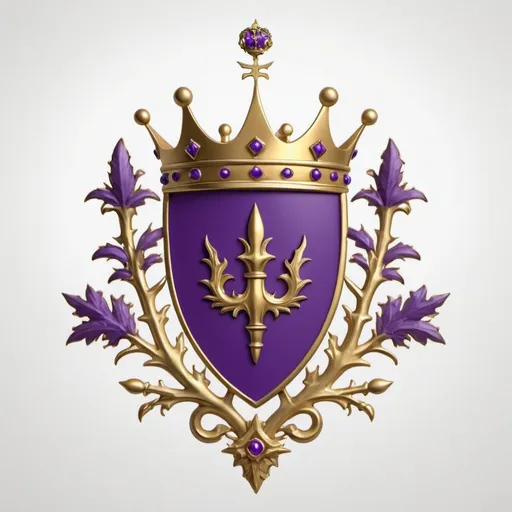 Prompt: family crest of a purple thorned floral below a gold 4 point crown no cross on crown, high quality, white background, chief style, flat, 3d two fishes on sides of crest. TRIBE El BeY written across the top , "coronation" on 4 point crown and DYNASTY of HENDRICKS written across the bottom.