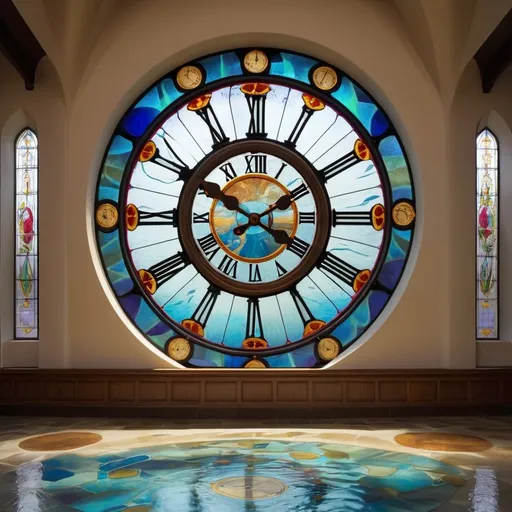 Prompt: a large stained glass window with a large clock, the floor is covered with water