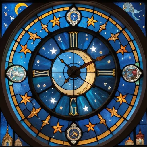 Prompt: a large stained-glass window with the image of the night sky and stars, in the center of this stained-glass window is a large clock