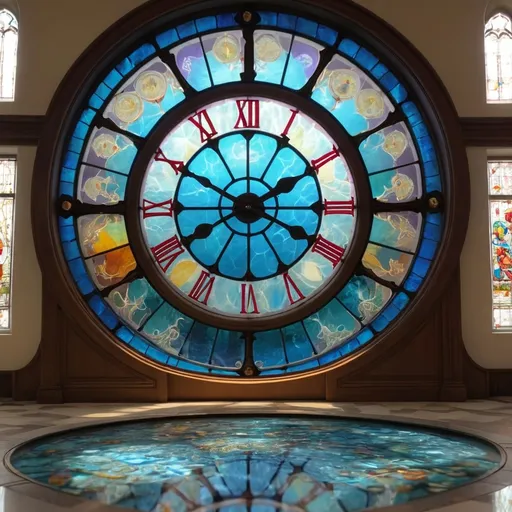 Prompt: a large stained-glass window in the center of which is a large clock  in the big hall, there is water on the floor