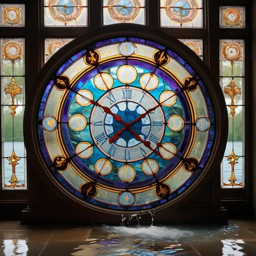 Prompt: a large stained glass window with a large clock, the floor is covered with water