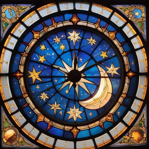 Prompt: a large stained-glass window with the image of the night sky and stars, in the center of this stained-glass window is a large clock