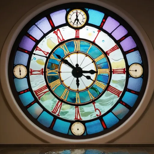 Prompt: a large stained glass window with a large clock, the floor is covered with water