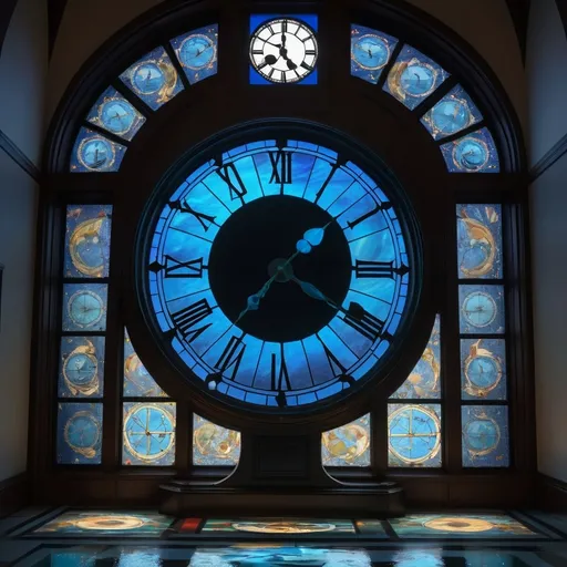 Prompt: a large stained glass window with a large black clock in the center, blue light and water on the floor