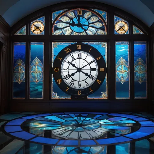 Prompt: a large stained glass window with a large black clock in the center, blue light and water on the floor