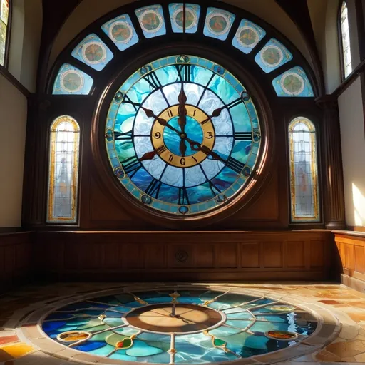 Prompt: a large stained glass window with a large clock, the floor is covered with water