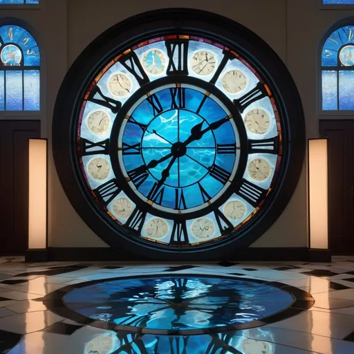 Prompt: a large stained glass window with a large black clock in the center, blue light and water on the floor