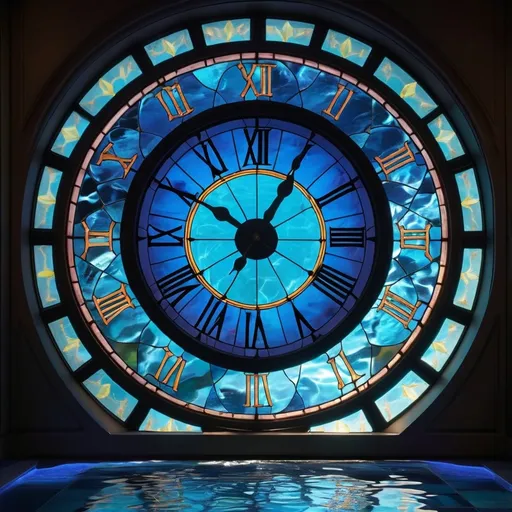 Prompt: a large stained glass window with a large black clock in the center, blue light and water on the floor