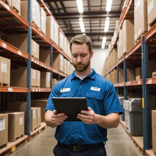 Prompt: At a customer's facility, Tyler conducts a thorough inspection of their supply storage area, identifying opportunities for product optimization and inventory management improvements. Armed with a tablet and inventory management software, he captures data and provides actionable recommendations to enhance efficiency and reduce costs.