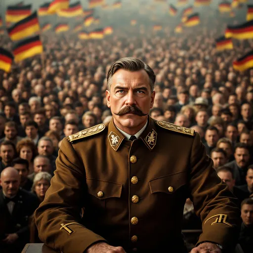 Prompt: A man with a mustache only (not a beard) wearing a brown uniform and making a speech in front of millions of people. In the background there are a lot of German flags and people who adore him.
