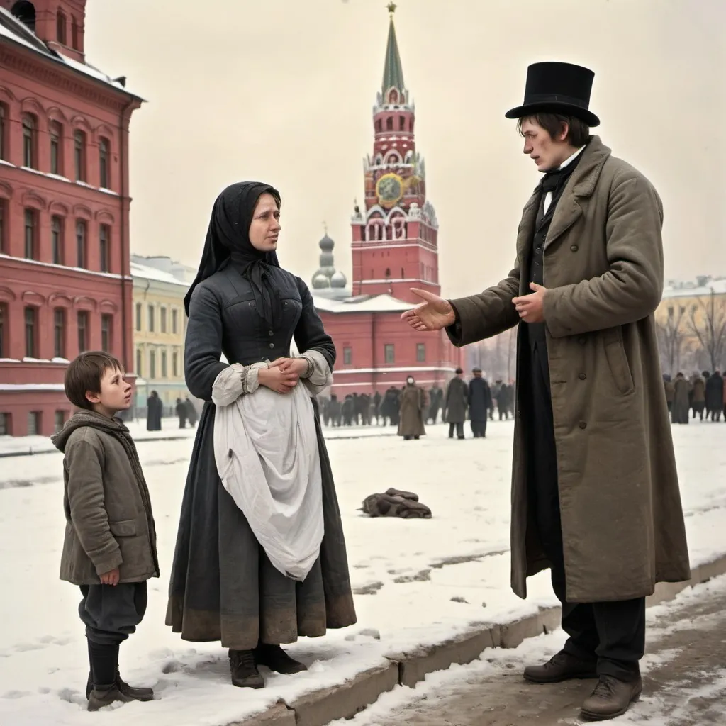 Prompt: a russian woman in tattered clothes standing besides her 13-year-old son pleading to a professor with Moscow University in the background in 1847