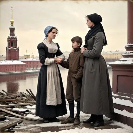 Prompt: a russian woman in tattered clothes standing besides her 13-year-old son pleading to a professor with St.Petersburg University in the background in 1847