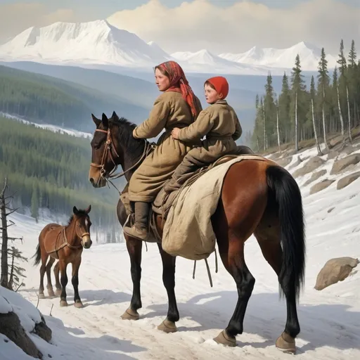 Prompt: hardworking russian mother takes her 13-year-old son on horseback across Ural mountais in 1847