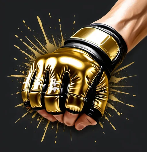 Prompt: Please design the sentence for me - SWEAT TODAY SHINE TOMORRROE
In a gold-colored font, the font should be polished.
The sentence should be suitable for printing on an MMA shirt
add to the design of an MMA glove, with cracks in the design,