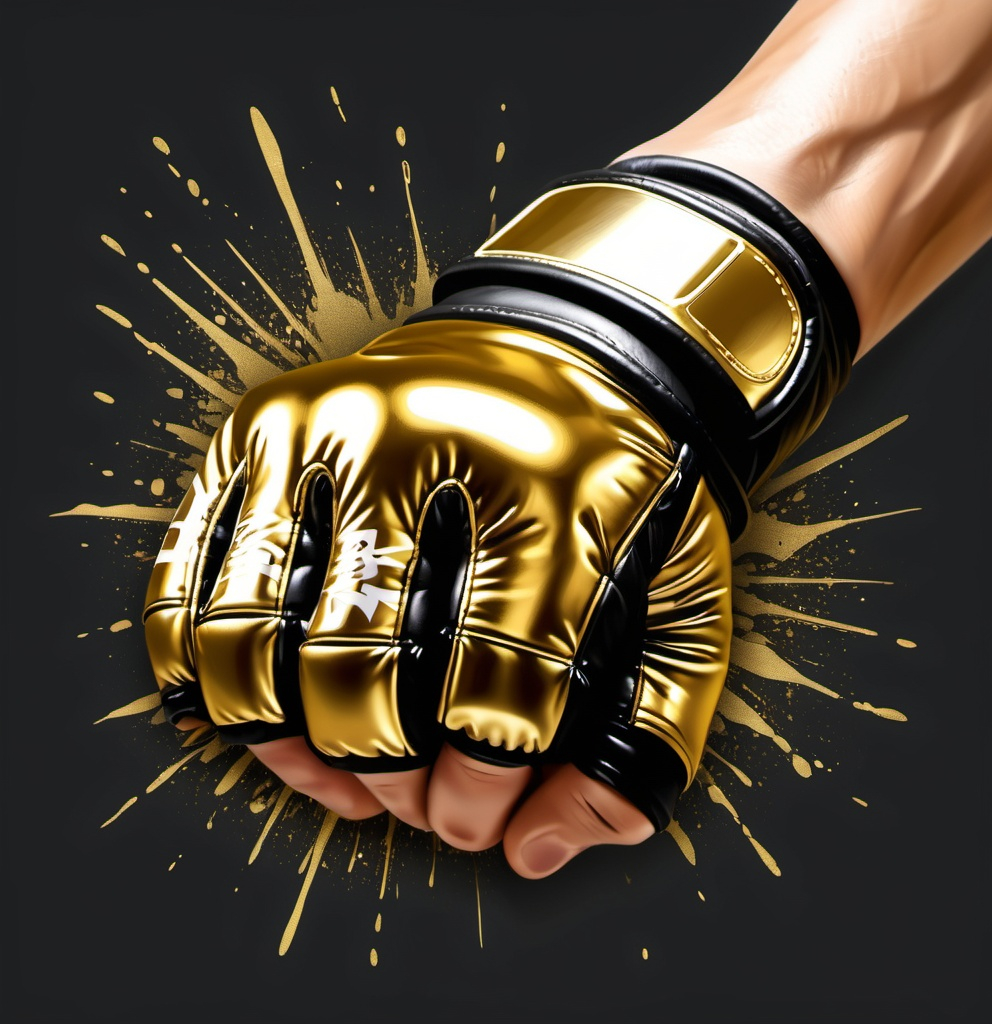 Prompt: Please design the sentence for me - SWEAT TODAY SHINE TOMORRROE
In a gold-colored font, the font should be polished.
The sentence should be suitable for printing on an MMA shirt
add to the design of an MMA glove, with cracks in the design,