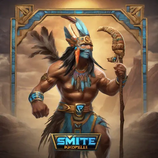 Prompt: Smite UI rendering of Kokopelli as a god in the Native American pantheon in Smite