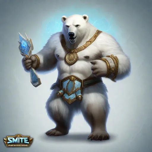 Prompt: Smite UI rendering of Nanook the polar bear as a guardian class Inuit god in Smite