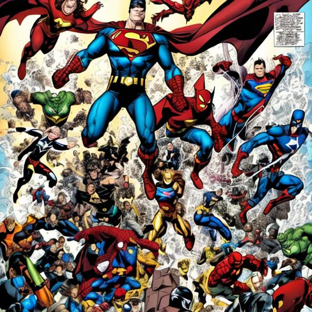 Prompt: Secret Crisis on Marvel and DC Comics Worlds with Superman, Spider-Man, Batman, Captain America, Wonder Woman, Thor, Aquaman, and Iron Man witnessing