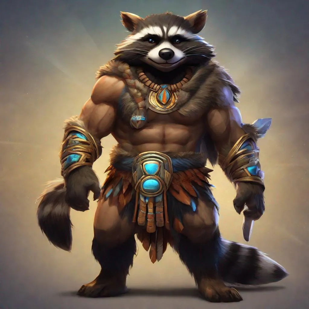 Prompt: Smite UI rendering of Azeban the raccoon as a god in the Native American pantheon in Smite