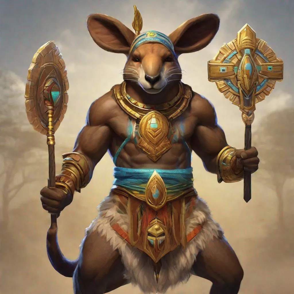 Prompt: Smite UI rendering of Minawara the kangaroo as a god in the Aboriginal pantheon in Smite