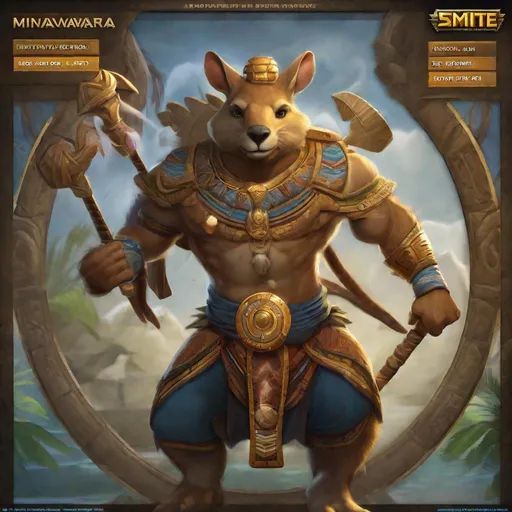 Prompt: Smite UI rendering of Minawara the kangaroo as a god in the Aboriginal pantheon in Smite