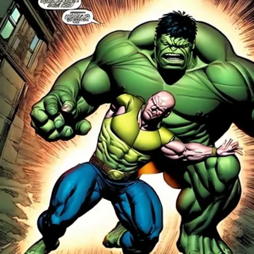 Prompt: Hulk (Marvel Comics) fights against Lex Luthor (DC Comics)