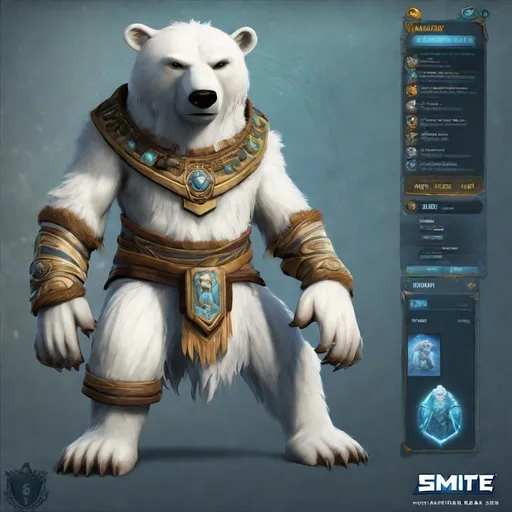 Prompt: Smite UI rendering of Nanook the polar bear as a guardian class Inuit god in Smite