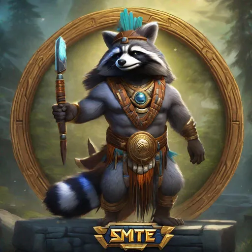 Prompt: Smite UI rendering of Azeban the raccoon as a god in the Native American pantheon in Smite