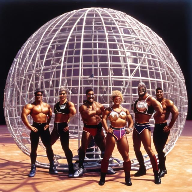 Prompt: Portrait of the American Gladiators with their spherical Atlasphere cages