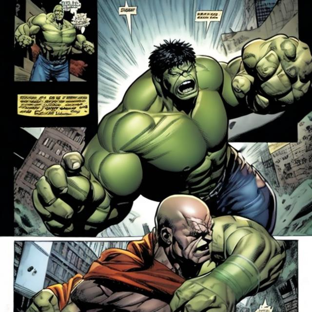 Prompt: Hulk (Marvel Comics) fights against Lex Luthor (DC Comics)