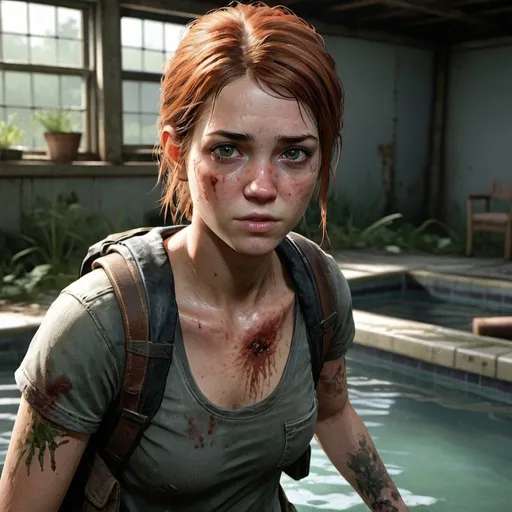 Prompt: Create a realistic image of the character Ellie Williams from the game The Last of Us, whose appearance is as follows: she is redheaded, has green eyes, and has a Moth tattoo on her right arm. She is swimming carefree in an abandoned pool, holding a revolver in one hand. Around the pool, outside, a horde of infected is approaching. These infected people have the following characteristics: they look like zombies, but they have fungi coming out of cavities like their eyes and nose.