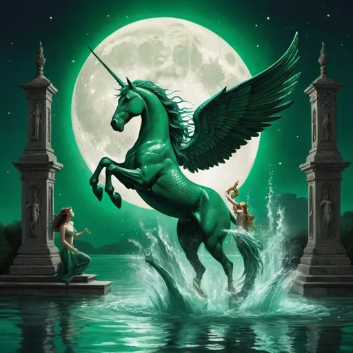 Prompt: a pegasus jumping into a dark fountain of bright, emerald-green water where a stone mermaid swims while holding a trident in her left hand, with the full moon in the background