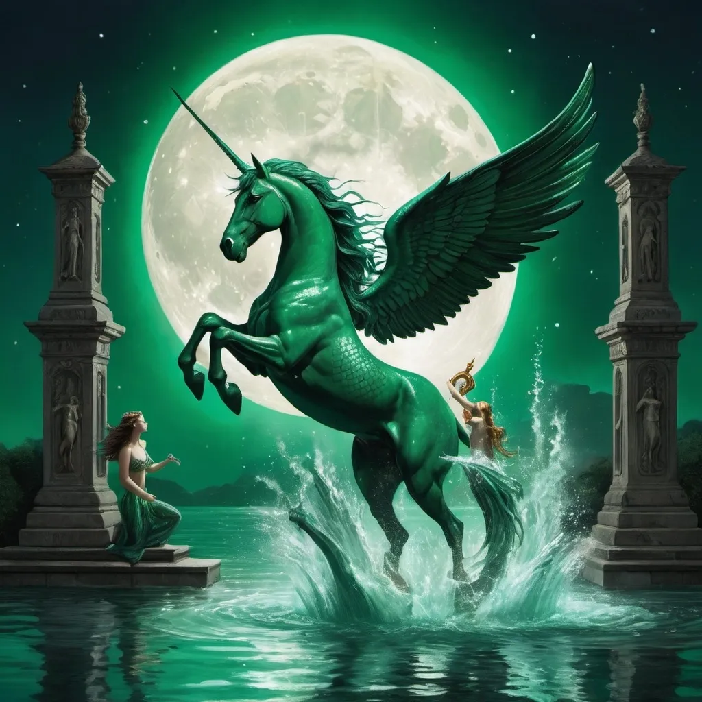 Prompt: a pegasus jumping into a dark fountain of bright, emerald-green water where a stone mermaid swims while holding a trident in her left hand, with the full moon in the background