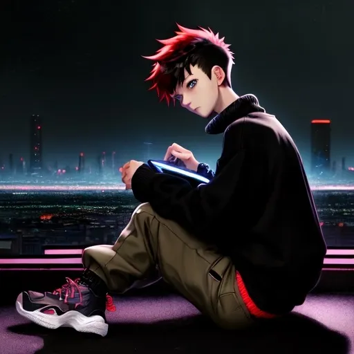 Prompt: animeed  male 14 year old siting on the ground holding a computer  wearing a black sweater and razor cut hair red air jordans sheos and brown cargo pants with a nighttime futuristic city in the backround with neon lights 
