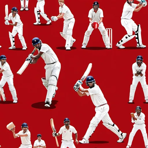 Prompt: players playing cricket red background very high quality faces clear


