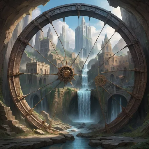 Prompt: a decayed wheel of time with a mystic city at its center, a waterfall flowing from the city over the wheel, a cosmic background, and some cracks or gaps in the wheel that make it feel like time is unraveling at its edges, and a large scale and a grand design that make it feel like this wheel governs the passage of ages