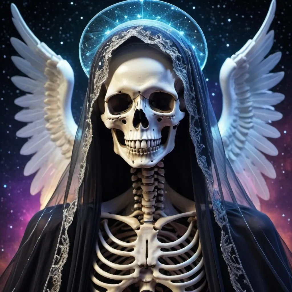 Prompt: angel of death skeleton, wearing veil, great face-lighting, amazing starry background, holographic colors