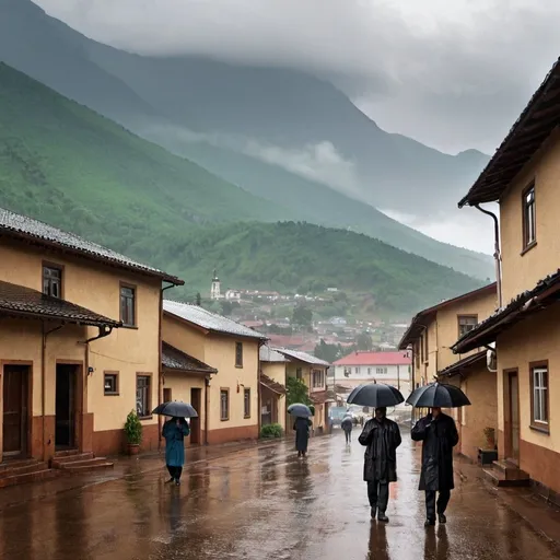 Prompt: old morning, rain, landscape, town, mountains, people