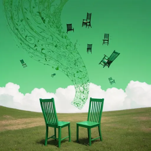 Prompt: chairs falling from the sky, swirls in the sky, ground is vivid green